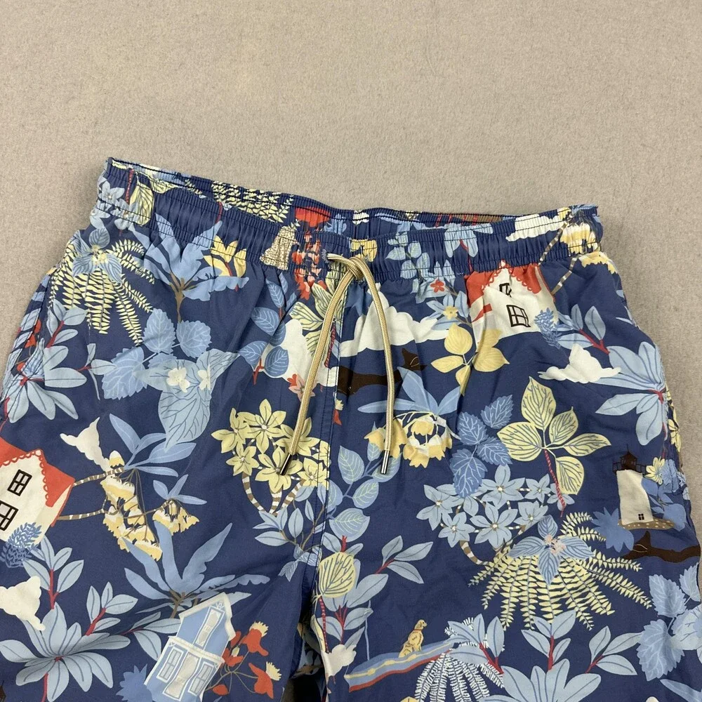 McLaughlin Swim Shorts Men Small Blue Floral Tropical Print Mesh Liner Pockets S